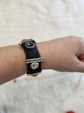 Black Leather Bracelet with Silver Accents